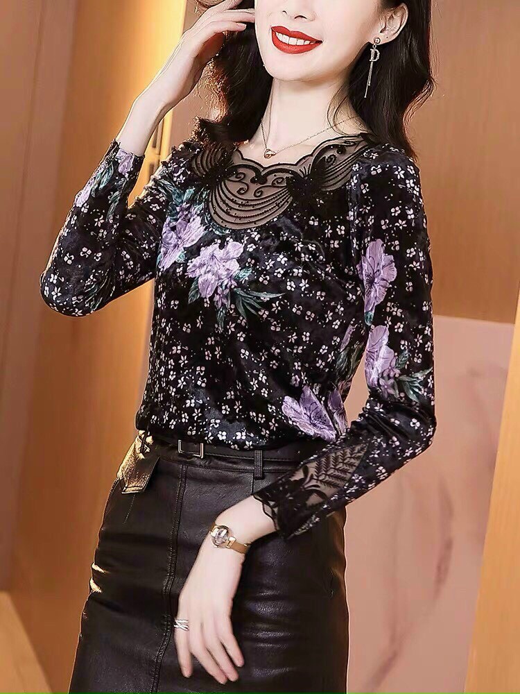 Áo Nhung Hoa Tím Cổ Lưới - SM61